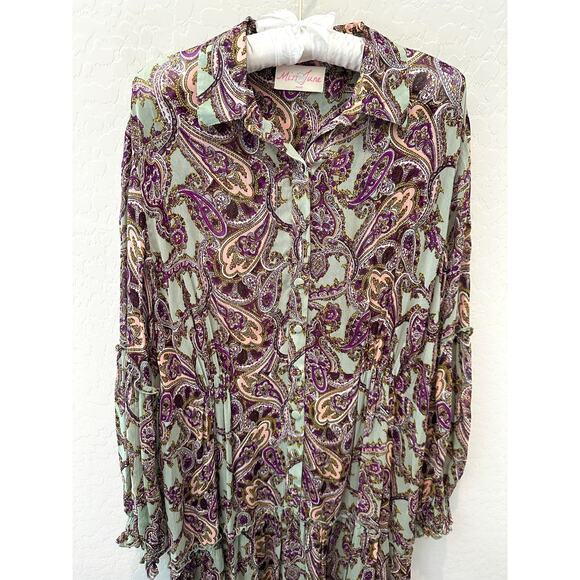 MISS JUNE | Paisley Maxi Dress Button Front Boho Long Sleeve Tiered Maxi | Large - Picture 2 of 7